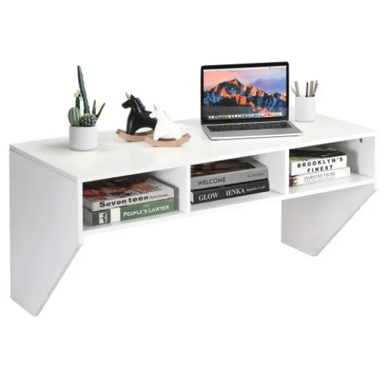 Wall Mounted Floating Sturdy Computer Table with Storage Shelf and Three Compartments Below Desk White {4}