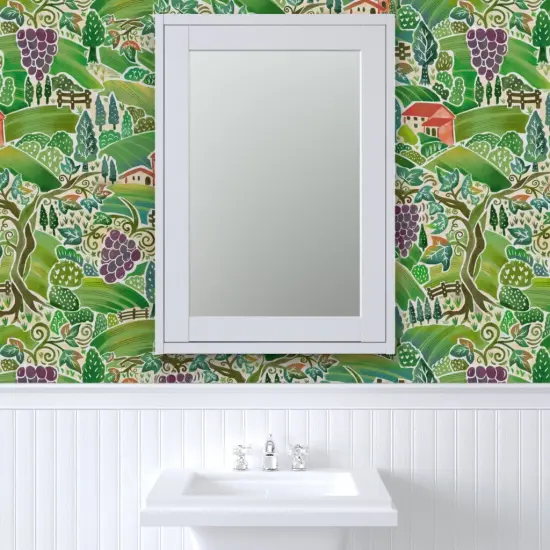 Pre-Pasted Wallpaper 2FT Wide Green Countryside Grapes Italy Vineyard Tuscany Meadows Farmland Farms Red Wine Purple Large Scale Custom Pre-pasted Wallpaper by Spoonflower {6}