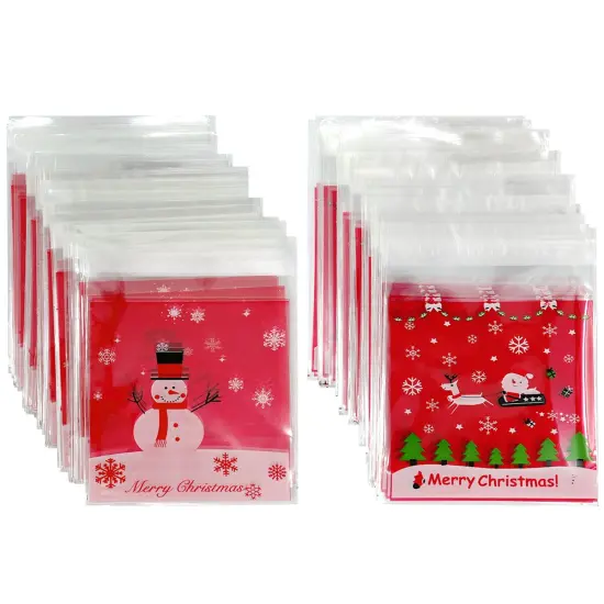 Wrapables Transparent Self-Adhesive 4" x 4" Candy and Cookie Bags, Favor Treat Bags for Christmas Parties and Holidays (200pcs) Snowman Sleigh {1}