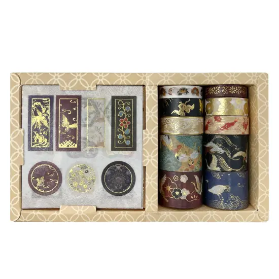 Wrapables Decorative Gold Foil Washi Tape and Sticker Set for Stationery, Diary, Card Making (10 Rolls & 10 Sheets) Cranes Floral {1}