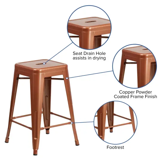 Merrick Lane Newark Series Backless Metal Stool with Square Seat for Indoor-Outdoor Use Copper {2}