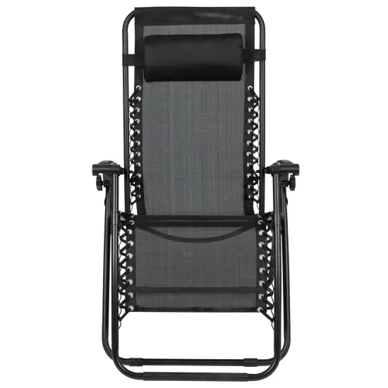 Merrick Lane Set of 2 Folding Mesh Upholstered Zero Gravity Chair with Removable Pillow and Cupholder Tray Black {3}