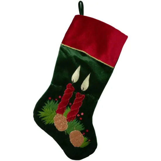 Northlight 20" Dark Green and Burgundy Candle and Pine Cone Velveteen Christmas Stocking {1}