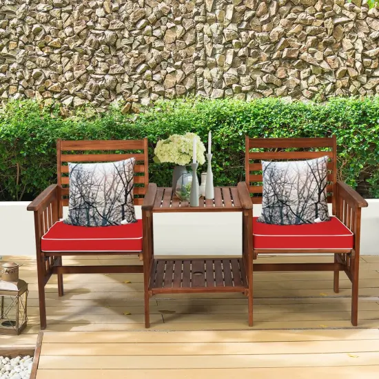 3 pcs Outdoor Patio Table Chairs Set Acacia Wood Loveseat Red {4}