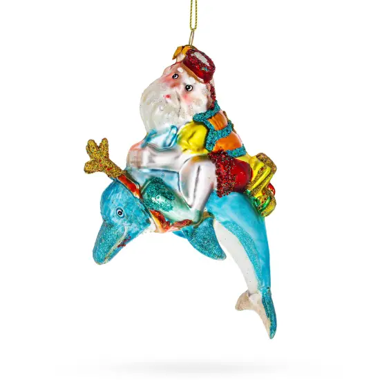 Santa Diver Riding Dolphin Glass Christmas Ornament {3}