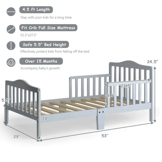 Classic Design Kids Wood Bed Frame with Two Side Safety Guardrails Grey {4}