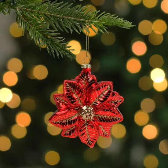 Northlight 4.5" Red and Gold Glittery Poinsettia Glass Christmas Ornament {3}