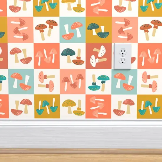 Pre-Pasted Wallpaper 2FT Wide Checkerboard Mushrooms Orange Blue Shrooms Toadstools Nature Botanical Whimsical Custom Pre-pasted Wallpaper by Spoonflower {4}