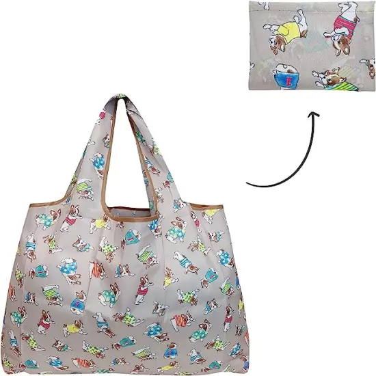 Wrapables Large Foldable Tote Nylon Reusable Grocery Bags, 5 Pack Cats, Dog, Llamas {2}