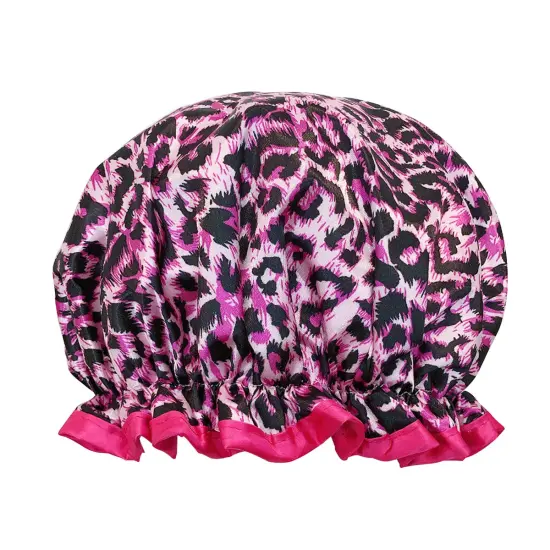 Wrapables Reusable Women's Waterproof Shower Caps for Long Hair Pink Leopard {1}