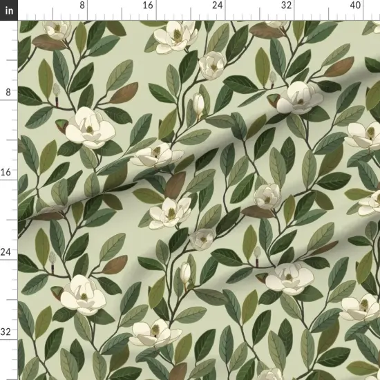 Various Fabrics by the Yard or Fat Quarter Magnolia Blooms Green White Flowers Botanical Floral Custom Printed Fabric by Spoonflower {1}