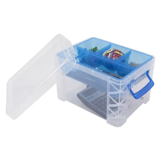 Storage Studios Super Stacker Divided Storage Box-6.38"X7.25"X10.88 Clear/Blue Handles {4}
