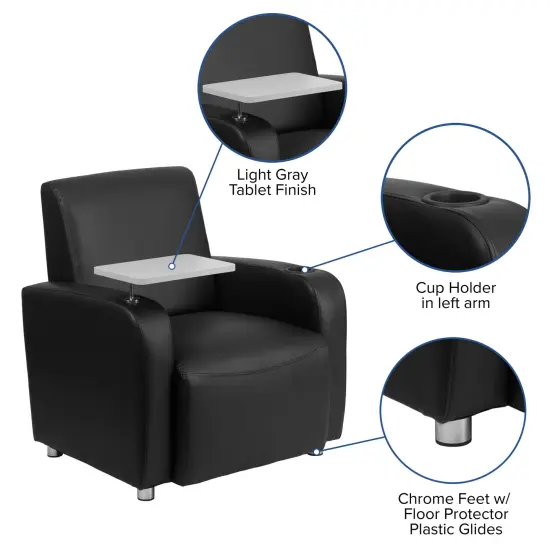 Emma and Oliver Faux Leather Guest Chair with Tablet Arm, Chrome Legs and Cup Holder Black {2}