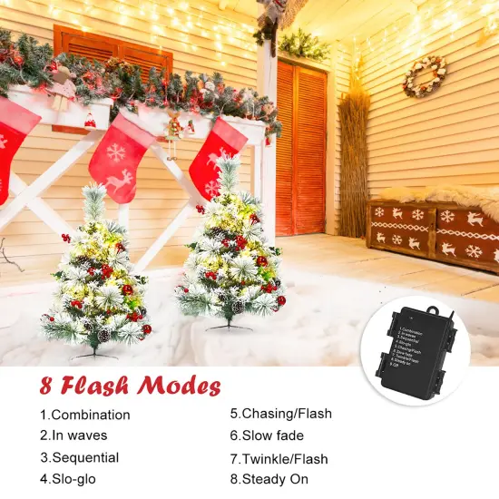 Costway Set of 2 24in Battery Powered Pre-lit Pathway Flocked Christmas Trees Outdoor {5}