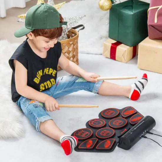 Electronic Drum Set with 2 Build-in Stereo Speakers for Kids Red {2}