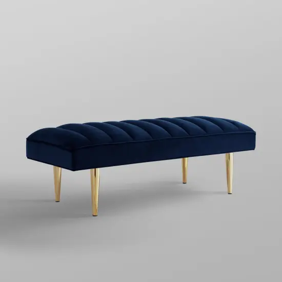 Denver Velvet Channel Tufted Bench with Mirrorred Lacquer Finish With Gold/Chrome Legs Navy/Gold {5}