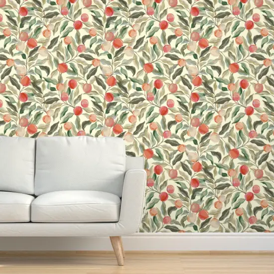 Peel & Stick Wallpaper 2FT Wide Peaches Fruit Leaves Botanical Floral Food Sage Green Peach Custom Removable Wallpaper by Spoonflower {5}