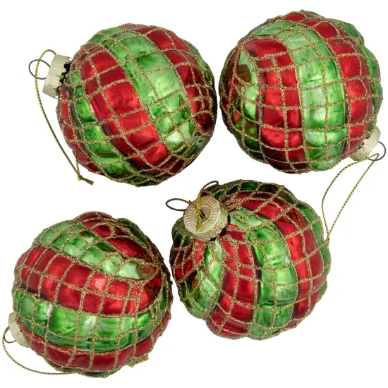 Northlight Glitter Lattice Striped Christmas Glass Ball Ornaments - 3" (80mm) - Red and Green - 4ct {5}