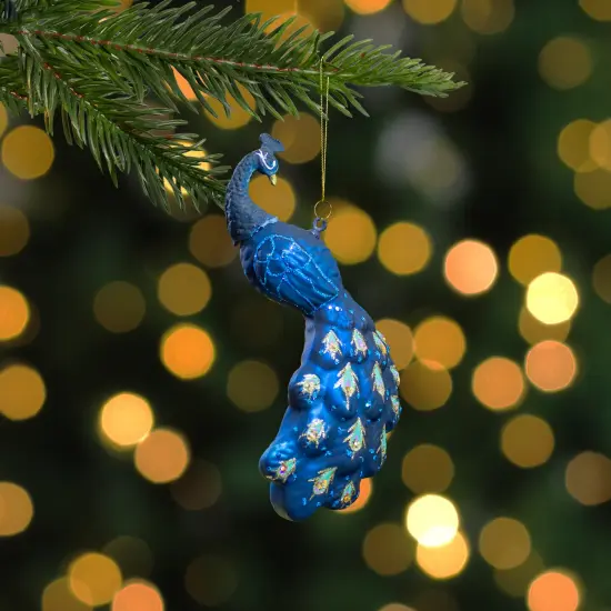 Northlight Glittered Peacock Glass Christmas Ornament - 6" - Indigo Blue {3}