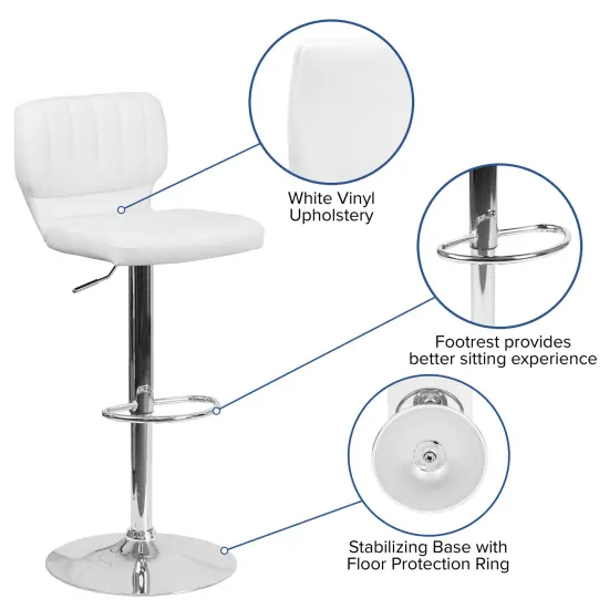 Emma and Oliver Vertical Stitch Back Swivel Adjustable Height Barstool White Vinyl {2}