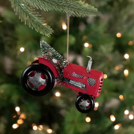 Northlight Metal Tractor with Frosted Tree Christmas Ornament - 3" - Red and Silver {3}