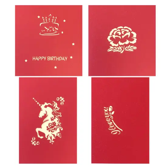 Wrapables (Set of 4) 3D Pop-Up Greeting Cards for Birthday, Thank you, Anniversary, Wedding, Holidays Cake Unicorn Peony {6}