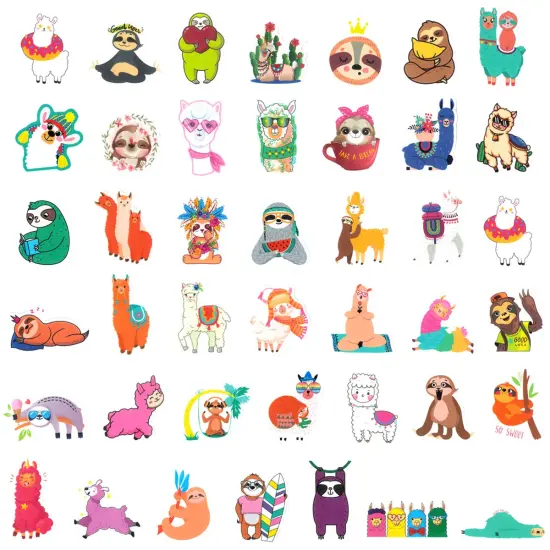 Wrapables Waterproof Vinyl Stickers for Water Bottles, Laptop, Phones, Skateboards, Decals for Teens, 80pcs Sloths & Llamas {2}