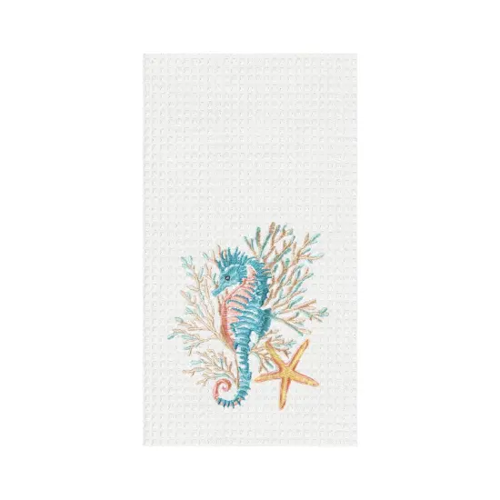 Seahorse And Coral Embroidered Waffle Weave Cotton Kitchen Towel {1}