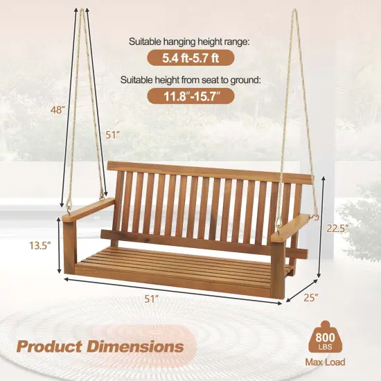 Costway 2-Seat Porch Swing Bench Acacia Wood Chair with 2 Hanging Hemp Ropes for Backyard {3}