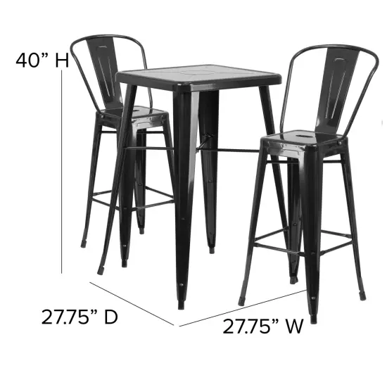 Emma and Oliver Commercial Grade 23.75" Square Metal Indoor-Outdoor Bar Table Set, 2 Back Stools Black {3}
