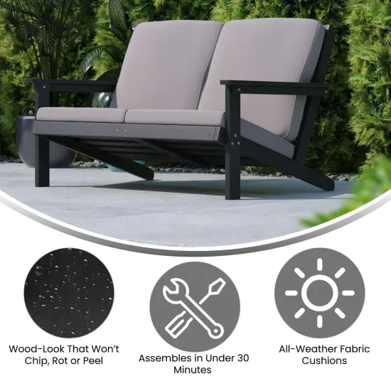 Merrick Lane Riviera All-Weather Poly Resin Wood Adirondack Style Deep Seat Patio Loveseat with Cushions Gray {7}
