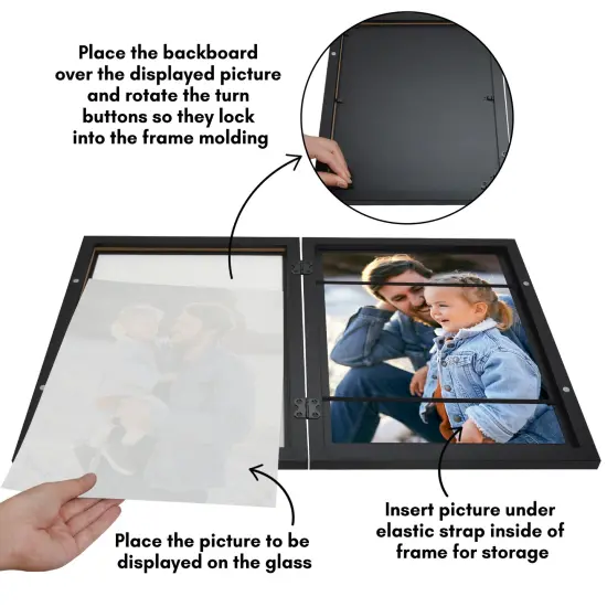 Americanflat Quick-Change Photo Storage Display Frame - Store up to 35 Pictures at Once with Elastic Strap Storage - Shatter Resistant Glass - Hanging Hardware - Includes Easel - Black {6}