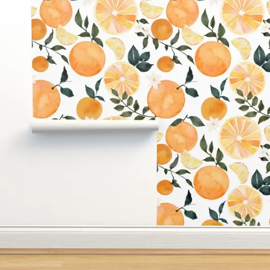 Peel & Stick Wallpaper 2FT Wide Watercolor Fruit Summer Orange Citrus Modern Botanical Bright Custom Removable Wallpaper by Spoonflower {2}