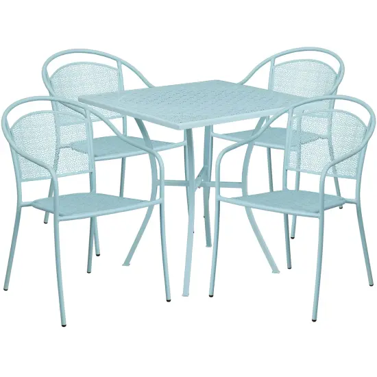 Emma and Oliver Commercial Grade 28" Square Metal Garden Patio Table Set w/ 4 Round Back Chairs Sky Blue {1}