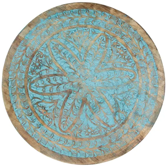 Northlight 22" Antique Blue Engraved Wooden Tri Leg Round Side Table {5}