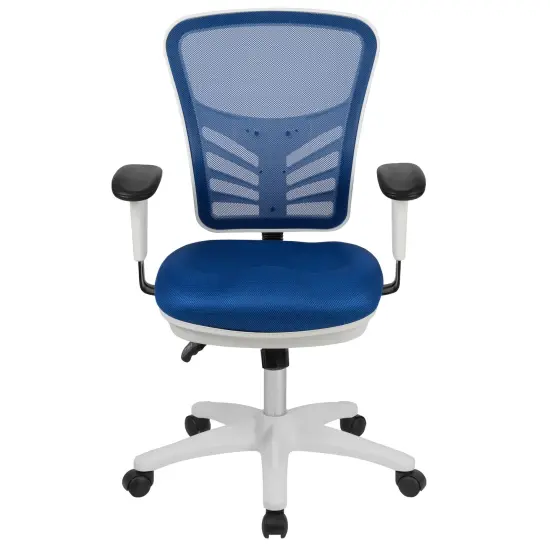 Emma and Oliver Mid-Back Mesh Triple Paddle Swivel Ergonomic Office Chair with Adjustable Arms BlueMesh/WhiteFrame {3}