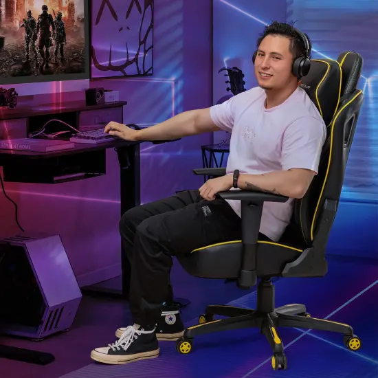 Goplus Gaming Chair 360&deg; Swivel Computer Reclining Height Adjustable 2D Armrest Yellow {3}