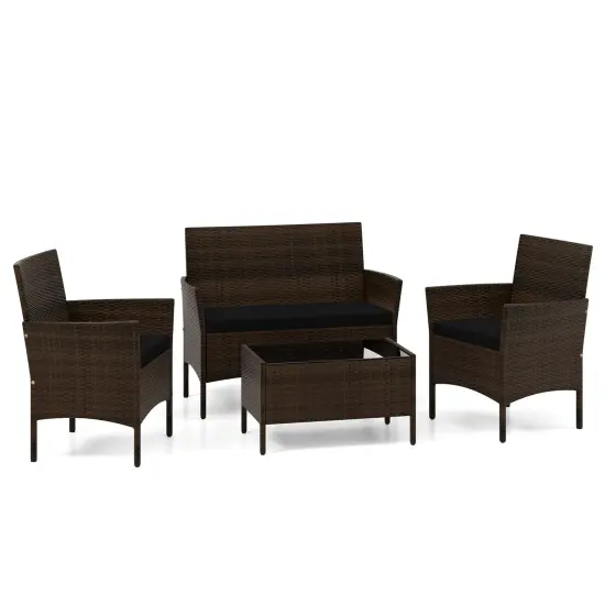 4 Piece Patio Rattan Conversation Set With Cozy Seat Cushions Black {3}
