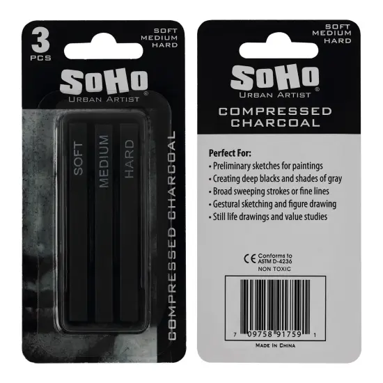 SoHo Urban Artist Compressed Charcoal Sticks, Assorted Pack of 3 - Soft, Medium, and Hard - for Charcoal Drawing and Charcoal Art, Perfect for Artists, Students & Professionals {5}