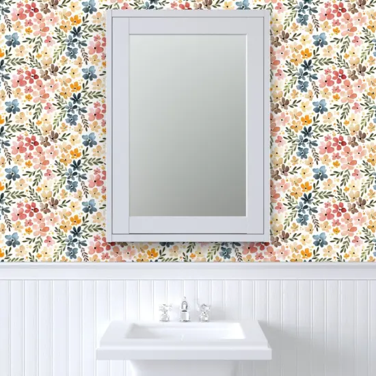 Pre-Pasted Wallpaper 2FT Wide Floral Multicolor Spring Summer Watercolor Botanical Painted Blooming Flowers Large Scale Custom Pre-pasted Wallpaper by Spoonflower {6}