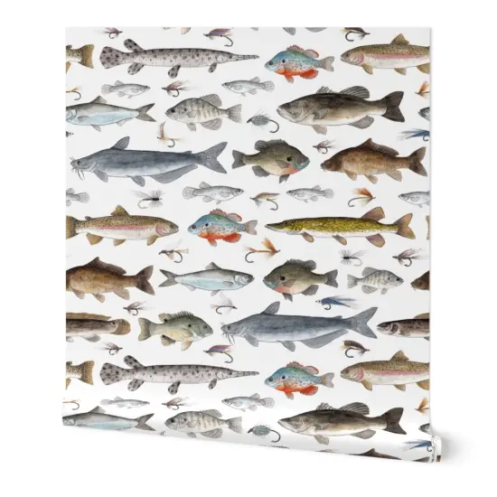 Peel & Stick Wallpaper 2FT Wide Fish Fishing Salmon Cabin Trout Fisherman Lures Sunfish Tackle Crappie Stream Muskie Sturgeon Custom Removable Wallpaper by Spoonflower {7}