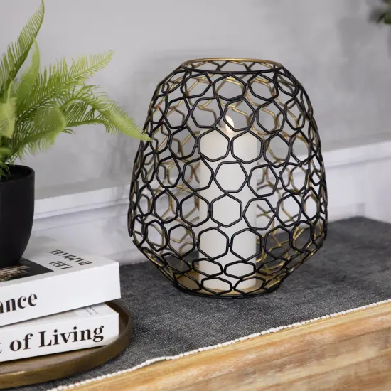 Northlight Small Geometric Cage Iron Pillar Candle Holder - 11" - Black and Gold {4}