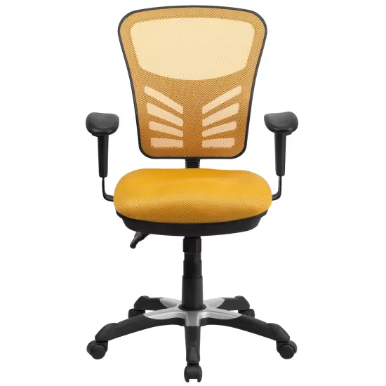 Emma and Oliver Mid-Back Mesh Triple Paddle Swivel Ergonomic Office Chair with Adjustable Arms Yellow-Orange {3}