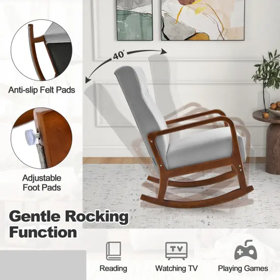 Costway Rocking Chair with Ottoman Upholstered Fabric Glider Rocker Solid Wood Beige/Grey {6}