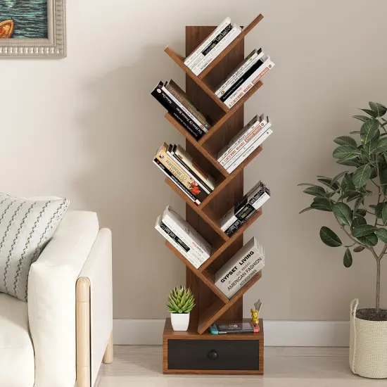 10-Tier Tree Bookshelf with Drawer and Anti-Tipping Kit Brown {2}