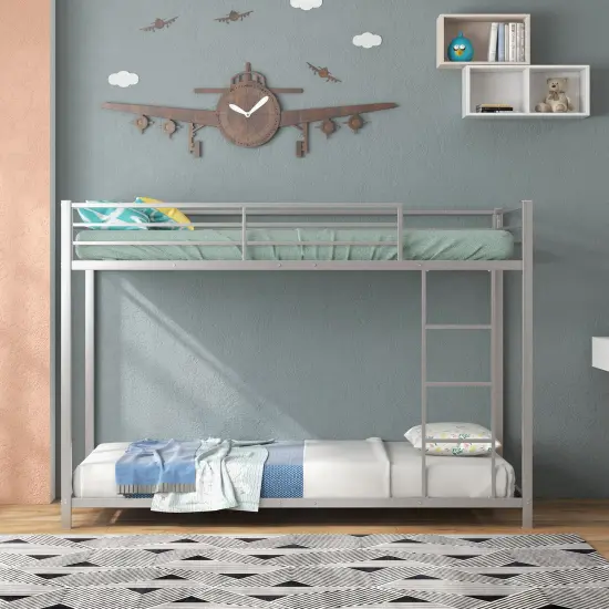 Twin Over Twin Metal Bunk Bed, Low Profile, Safe, No Box-Spring Silver {4}