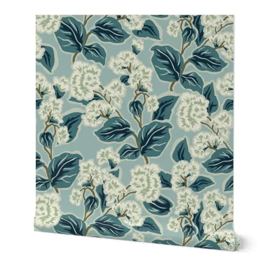 Peel & Stick Wallpaper 2FT Wide Farmhouse Floral Blue Botanical Traditional Transitional Cottage Custom Removable Wallpaper by Spoonflower {7}