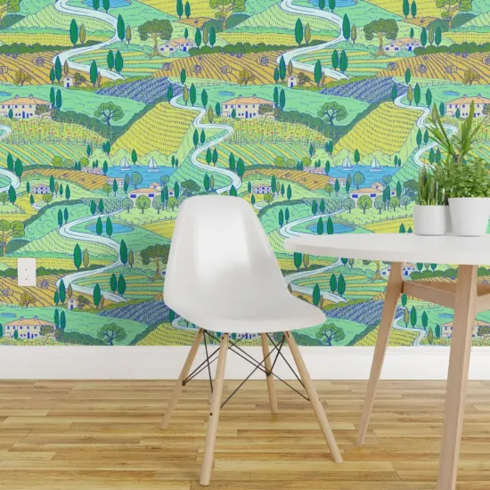 Peel & Stick Wallpaper 2FT Wide Multicolor Painting Farmland Villa Italian Landscape Large Scale Countryside Tuscan Mediterranean Custom Removable Wallpaper by Spoonflower {1}