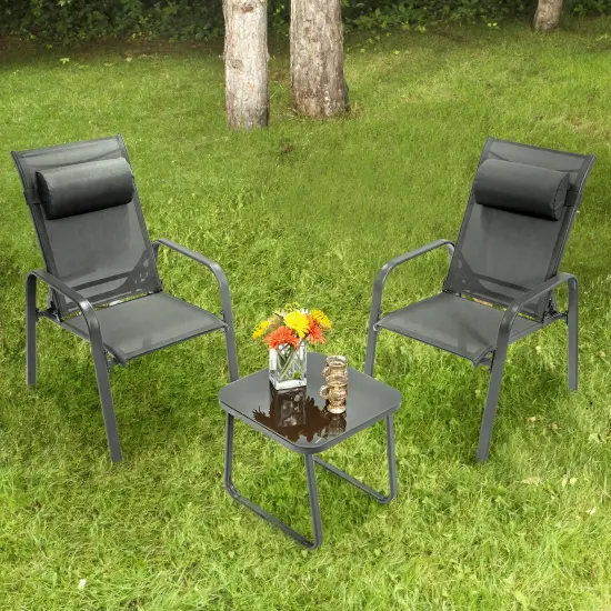 3 Pieces Patio Bistro Furniture Set with Adjustable Backrest Grey {2}