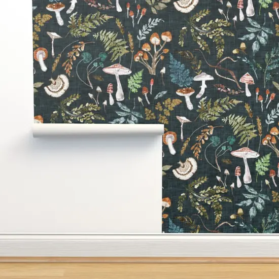 Pre-Pasted Wallpaper 2FT Wide Mushrooms Moody Botanical Woodland Ferns Leaves Nature Cottagecore Custom Pre-pasted Wallpaper by Spoonflower {2}